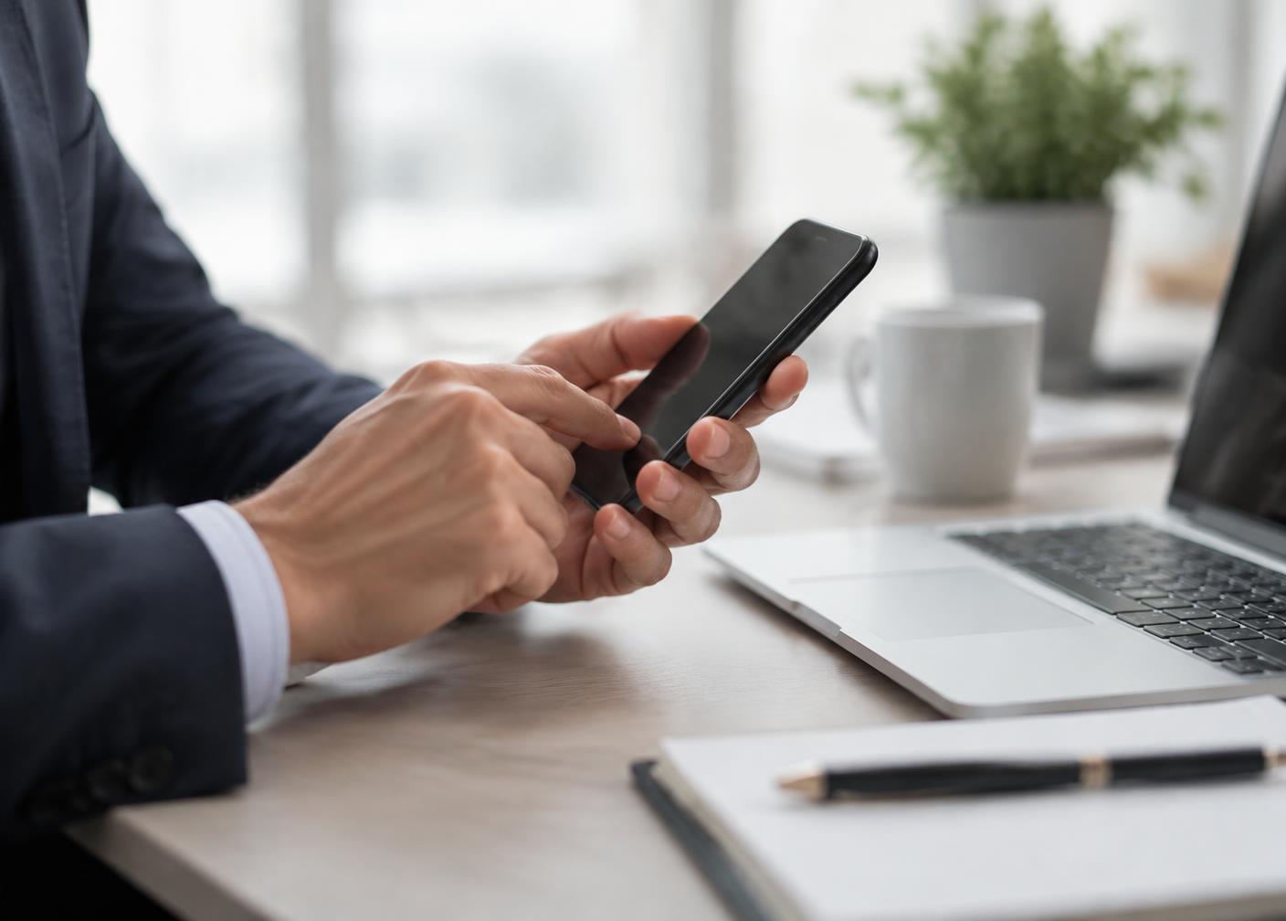 A business professional using a smartphone at an office desk