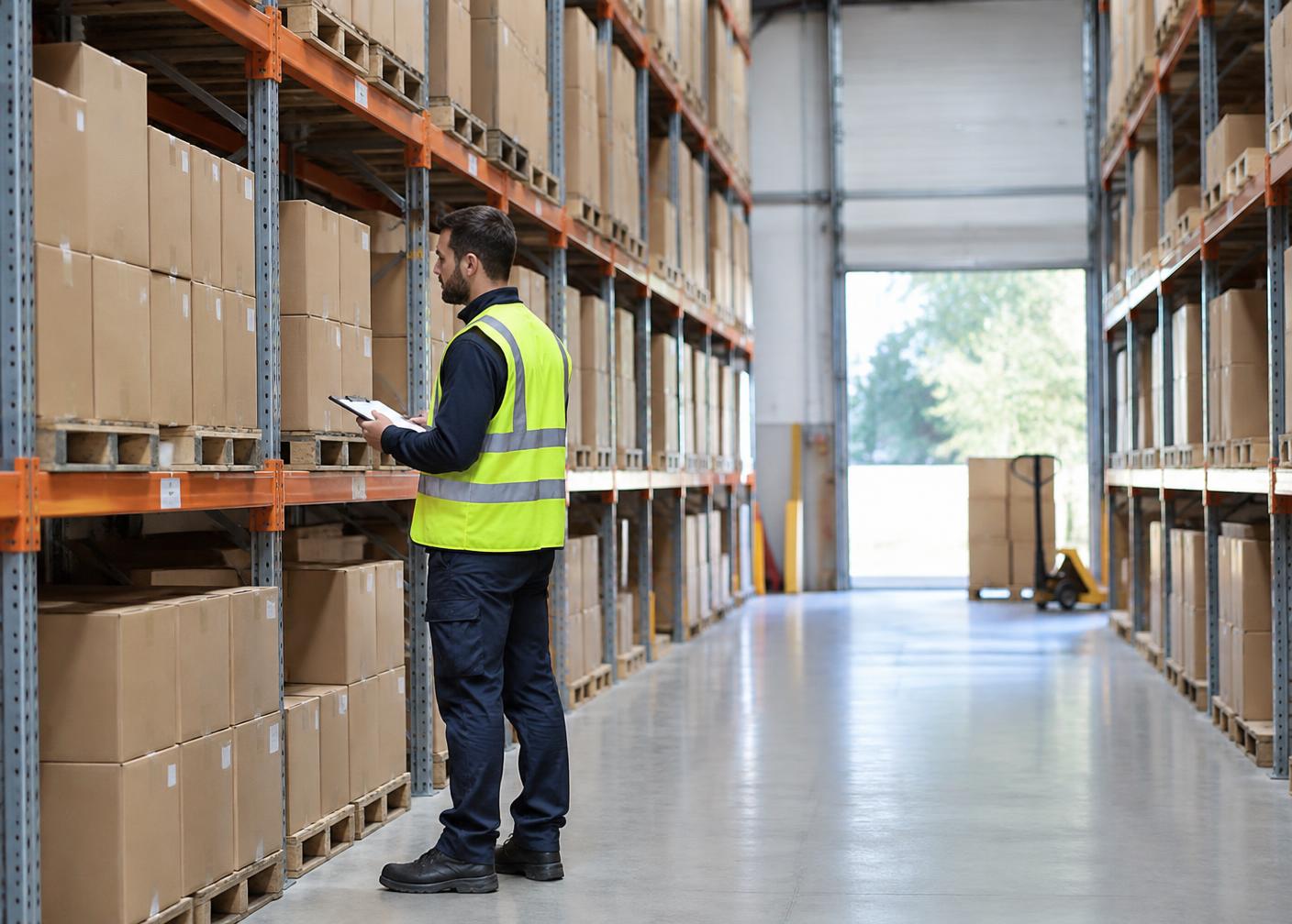 A warehouse worker checking stock on pallet racking
